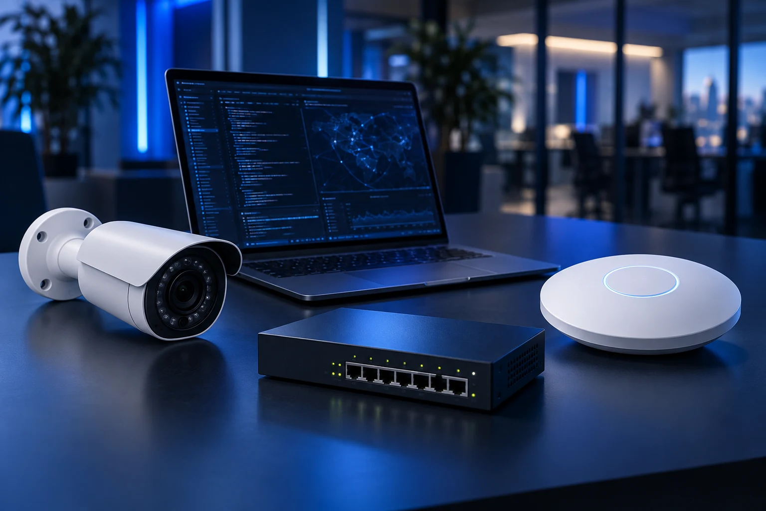 Equipamentos de tecnologia: câmera de segurança, notebook, switch de rede e ponto de acesso sem fio